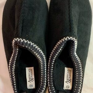 American Exchange Black Slip-On Fleece Moccasin Slippers with White Stitching